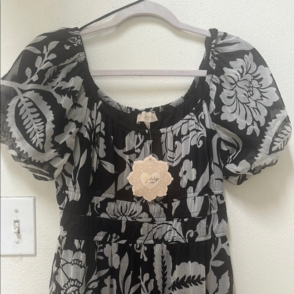 Indulge Black and Gray Maxi Dress with Smocked Puffed Sleeves